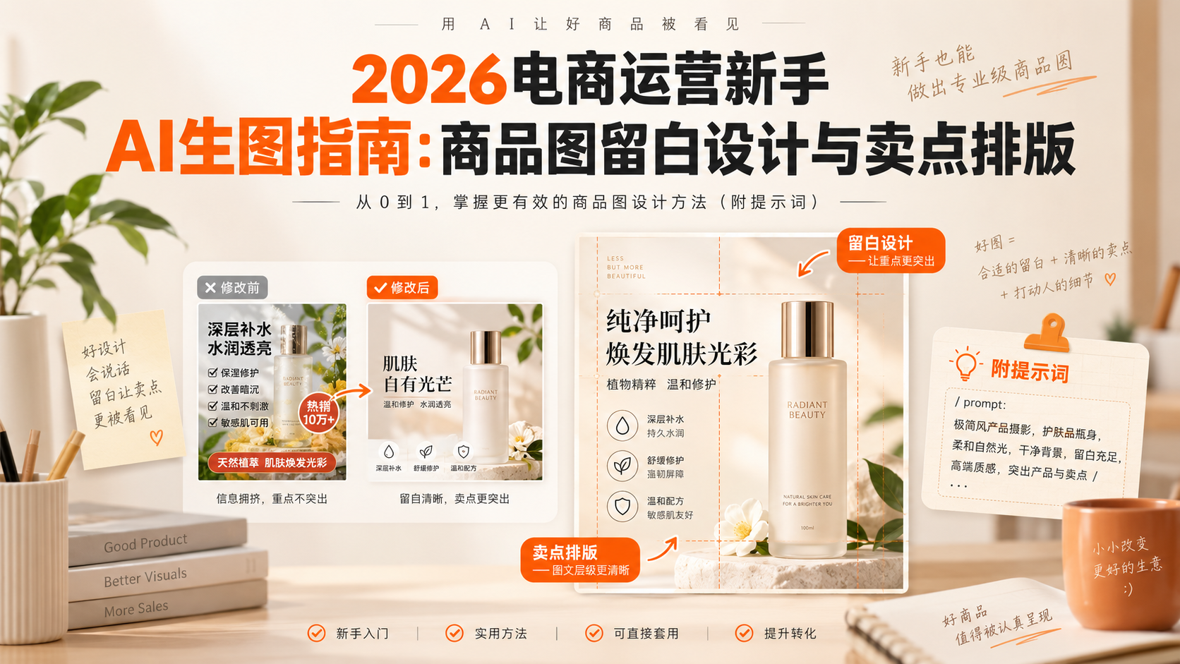 2026电商运营新手AI生图指南：商品图留白设计与卖点排版（附提示词）